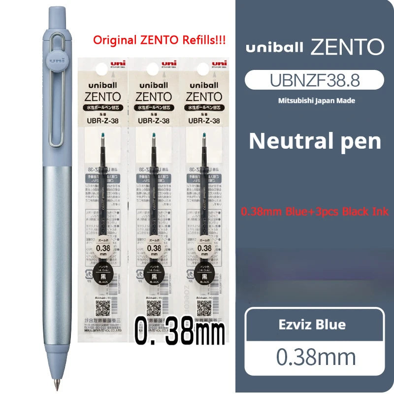 Uniball Zento neutral pen with refills on a white background
