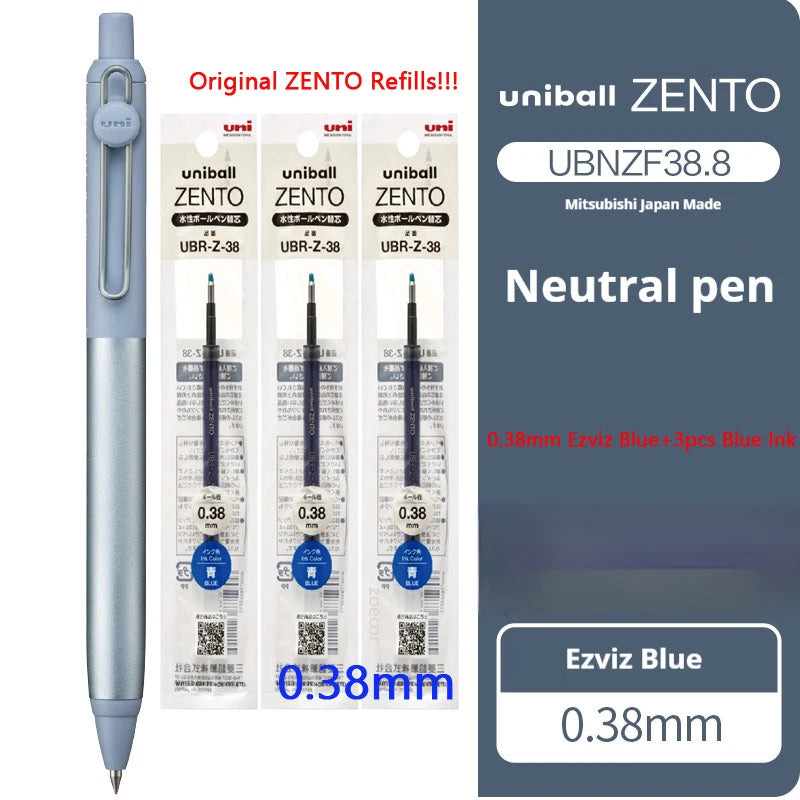 Uniball Zento neutral pen with refills on a white background