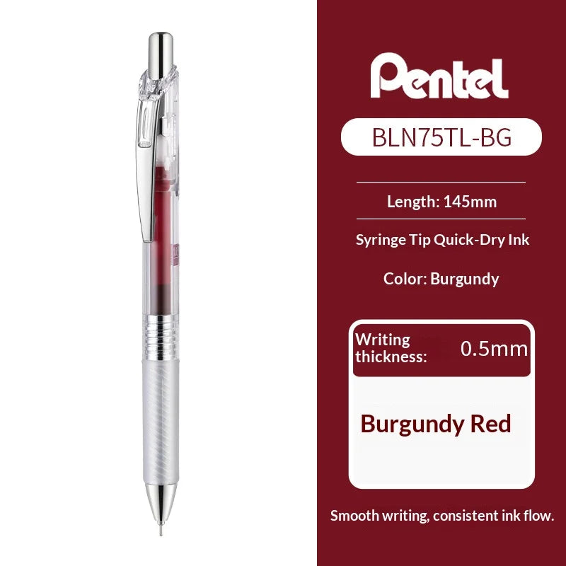 Pentel pen with burgundy ink and product details on a red background