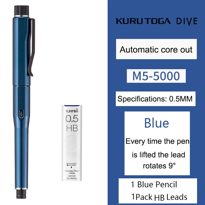 UNI Kuru Toga Dive Metallic Mechanical Pencil Limited Edition M5-5000 0.5mm Automatic Rotation Core