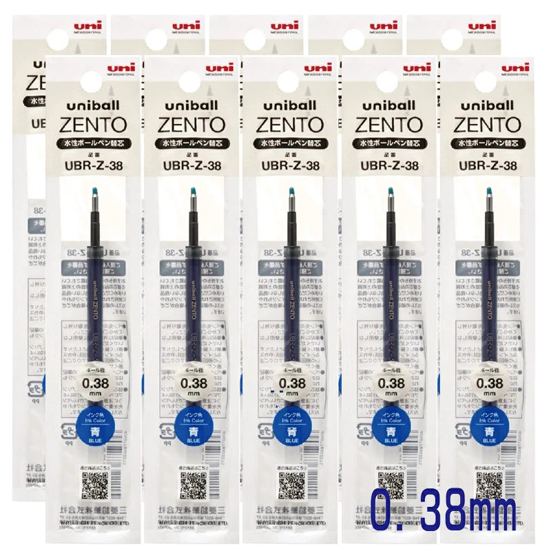 Multiple packages of Uniball Zento ballpoint pen refills on a white background