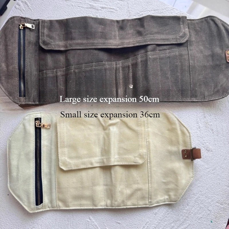 Two wrap pencil cases, one large and one small, on a light background with text indicating size expansions.