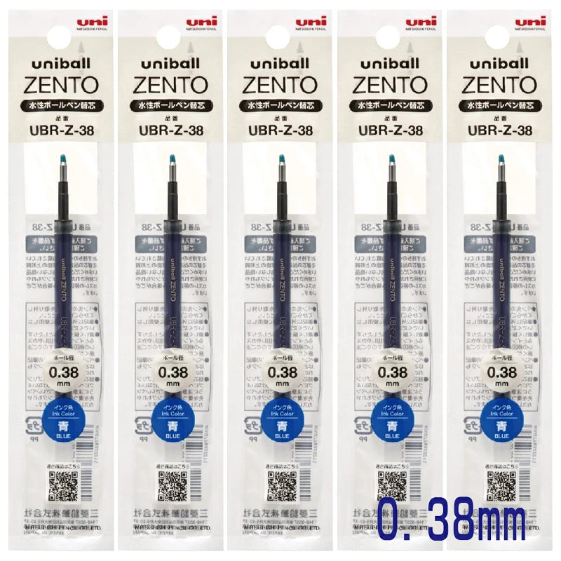 Five Uniball Zento ballpoint pen refills with 0.38mm tip on a white background.