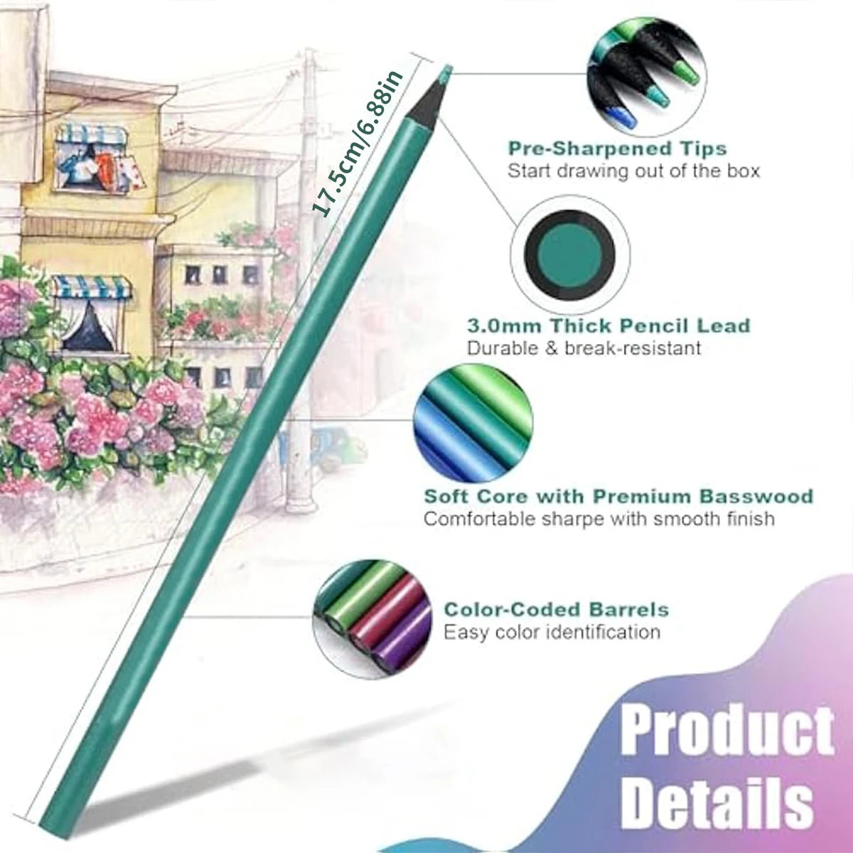 12 Colors Metallic Colored Pencil Drawing and Sketching