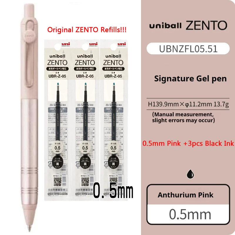 Uniball Zento signature gel pen with refills and packaging details on a white background
