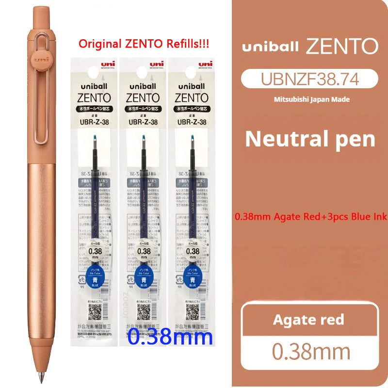 Uniball Zento neutral pen with refills on a white background