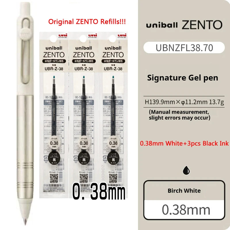 Uniball Zento signature gel pen with packaging and refills on a white background