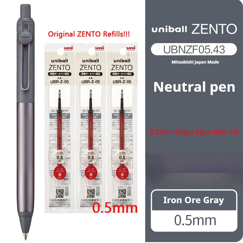 Uniball Zento neutral pen with refills on a white background