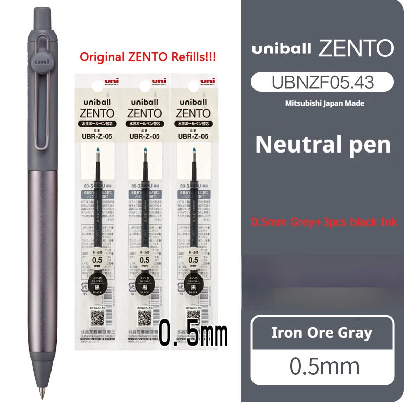 Uniball Zento neutral pen with refills on a white background