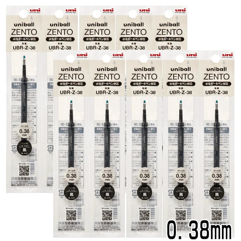 Multiple packages of Uni-ball Zento refills with 0.38mm tip on a white background.