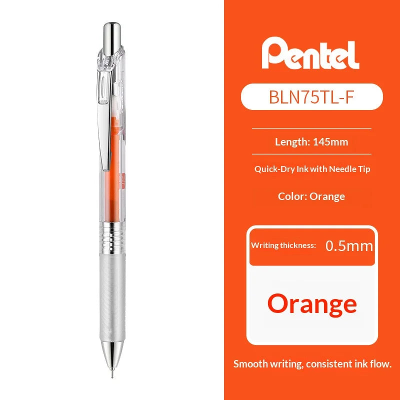 Pentel orange pen with packaging details on an orange background