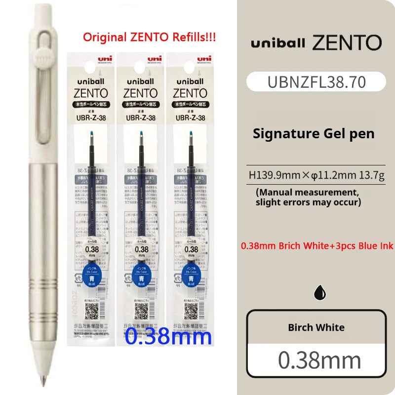 Uniball Zento signature gel pen with refills and packaging details.