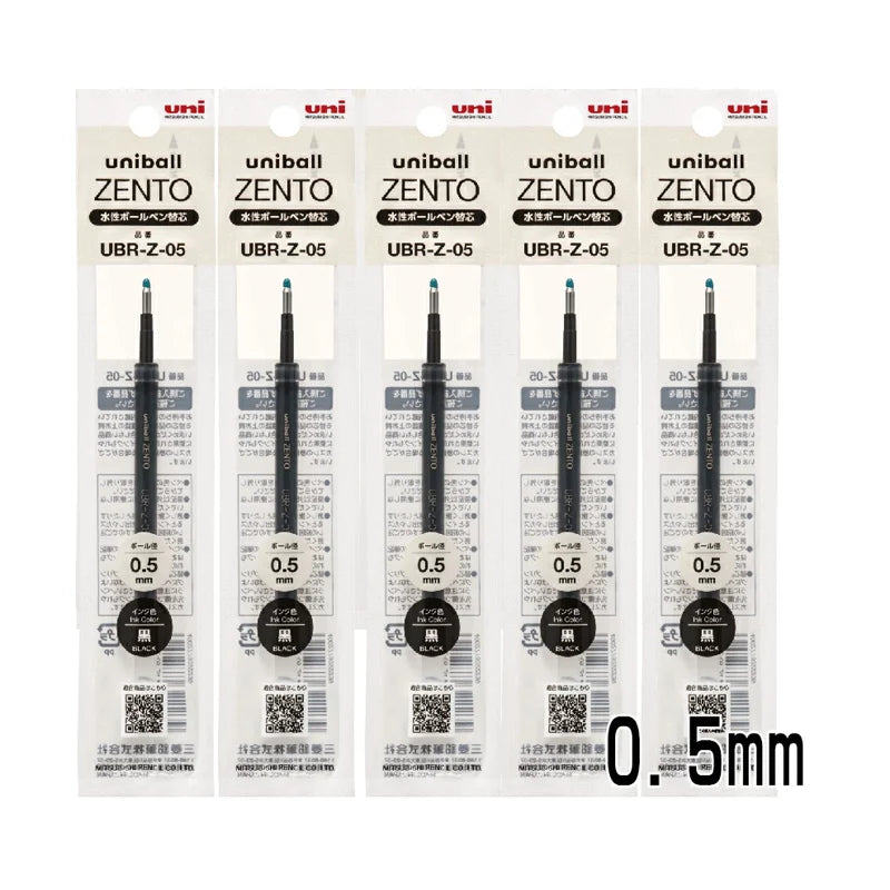Five packages of Uni-ball Zento refills with 0.5mm tip on a white background