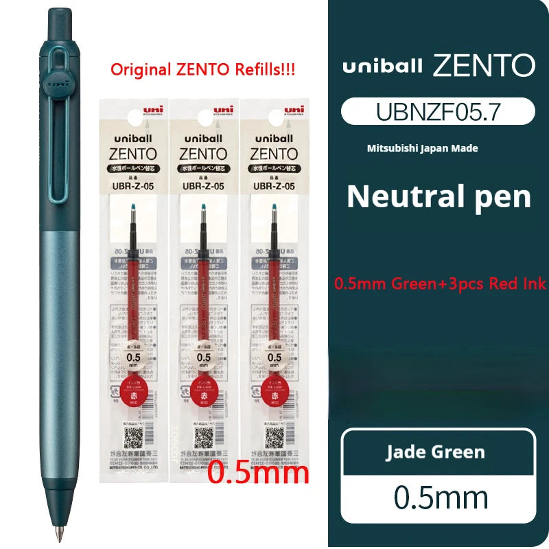 Uniball Zento neutral pen with refills on a white background