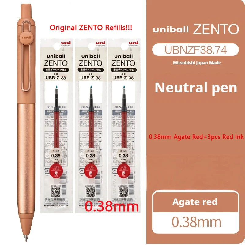 Uniball Zento neutral pen with refills on a white background