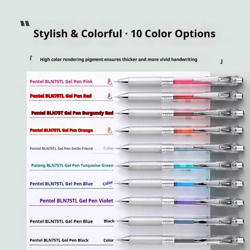 Set of Pentel gel pens in various colors on a gray background