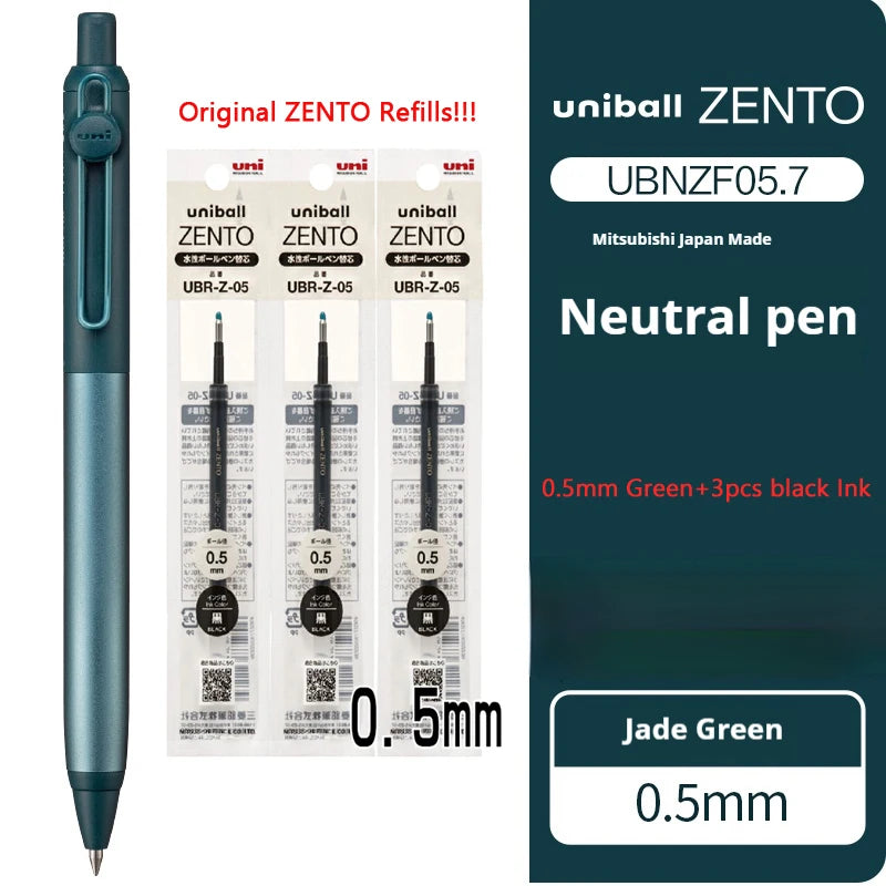 Uniball Zento neutral pen with refills on a white background