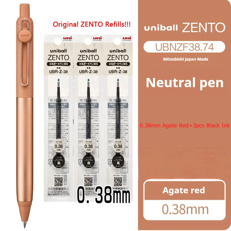 Uniball Zento neutral pen with refills on a white background