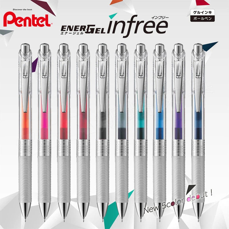 Pentel EnerGel Infree pens with colored ink tanks on a white background
