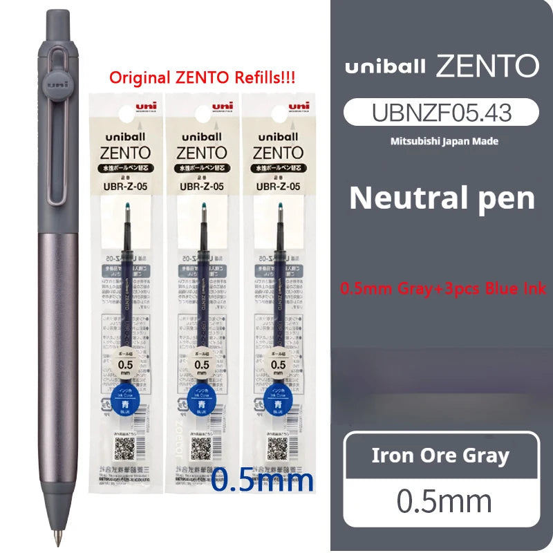 Uniball Zento neutral pen with refills on a white background