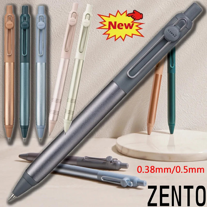 Set of Zento pens in various colors with a 'New' label on a beige background