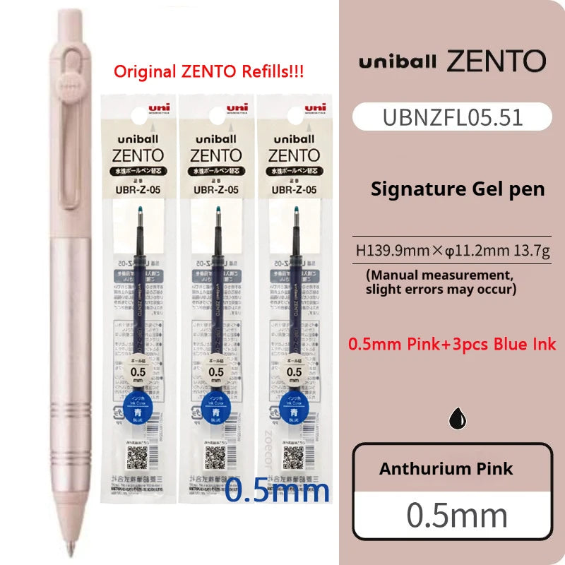 Uniball Zento signature gel pen with refills and packaging details on a white background