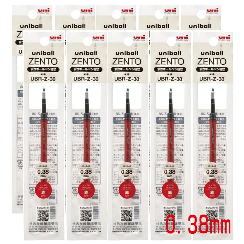 Multiple packages of Uniball Zento pen refills with visible branding.
