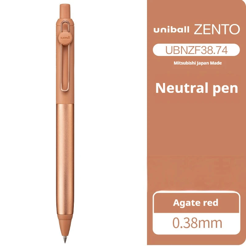 Uniball Zento neutral pen in agate red with packaging on a white background