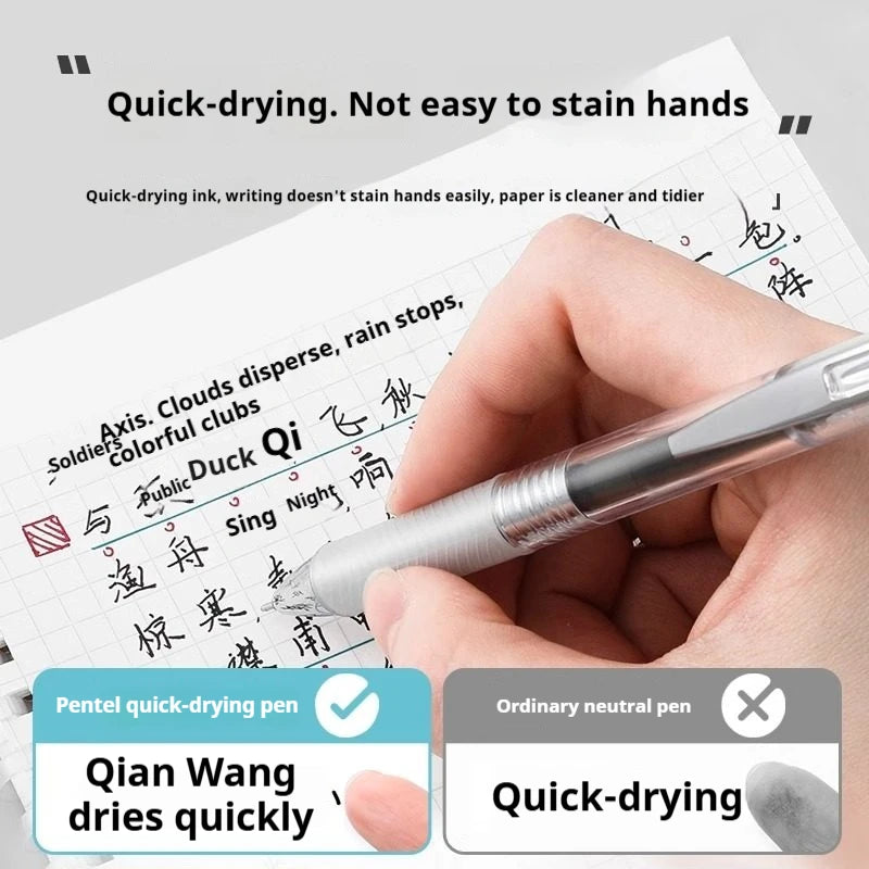 Hand writing on a piece of paper with a Pentel quick-drying pen, highlighting its benefits.