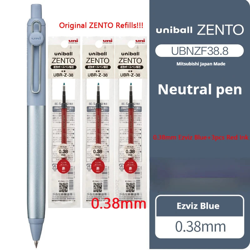 Uniball Zento neutral pen with refills and packaging on a white background