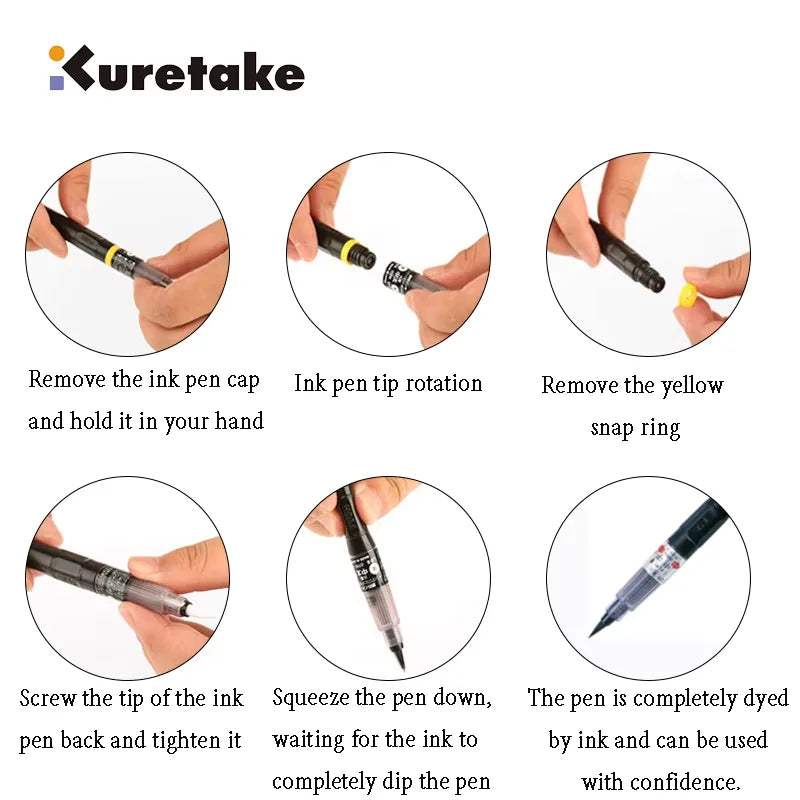 KURETAKE Brush Pen Medium tip marker, Black Ink Refillable