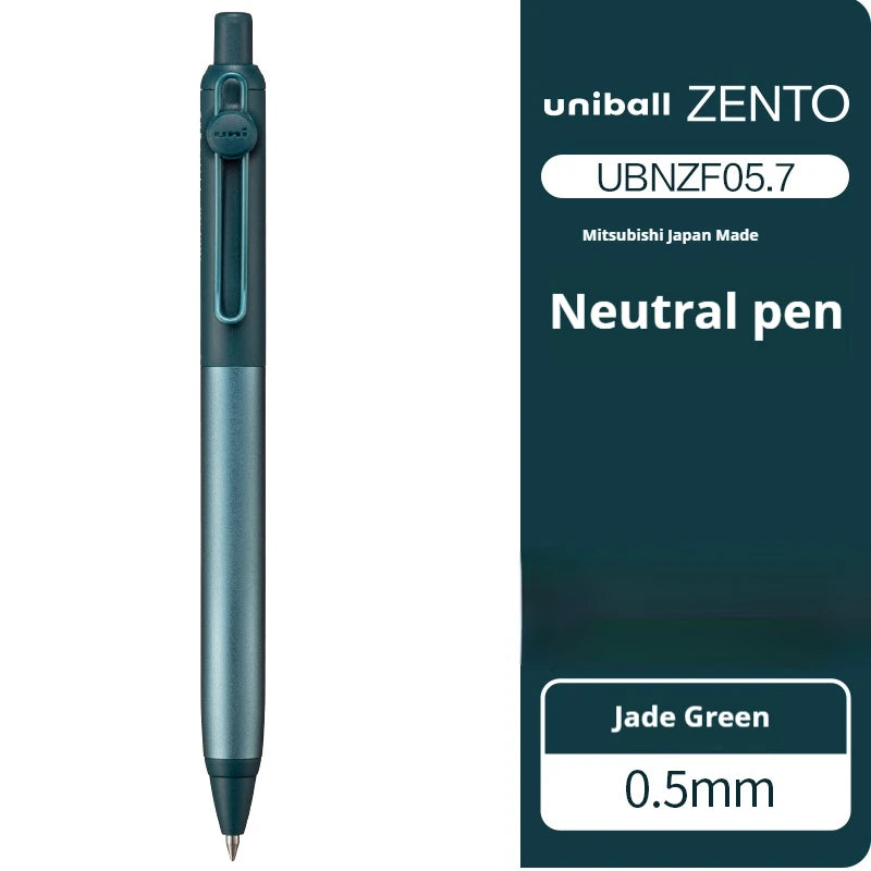 Uniball Zento neutral pen in jade green with packaging on a white background
