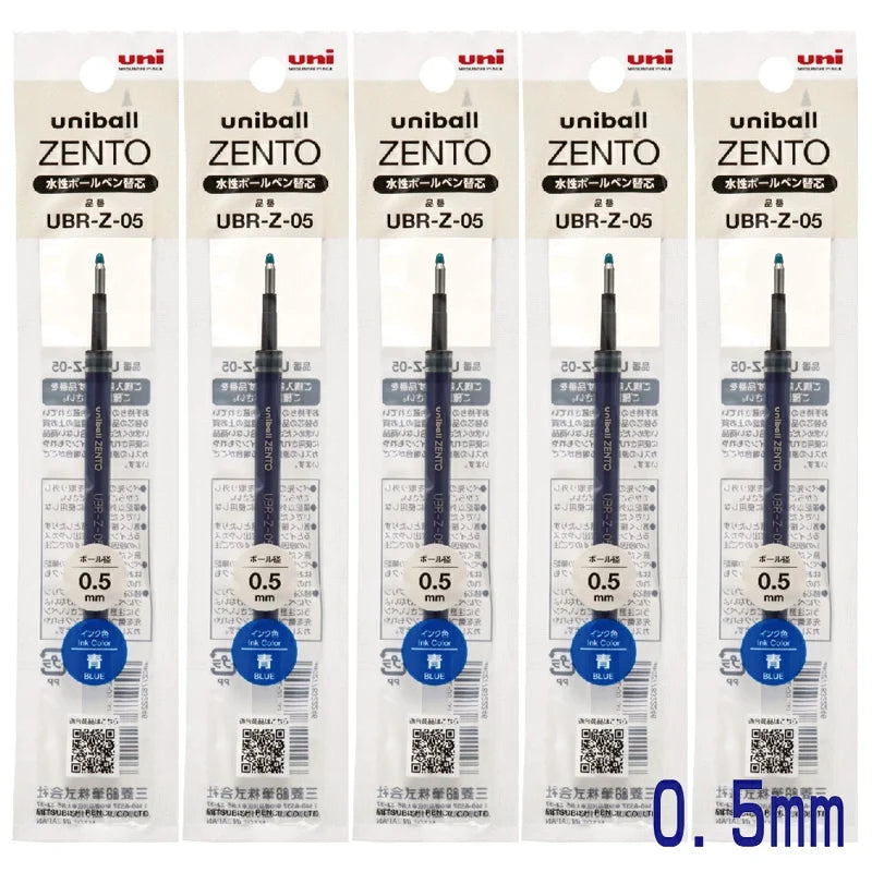 Five packages of Uni-ball Zento ballpoint pen refills with 0.5mm tip on a white background.
