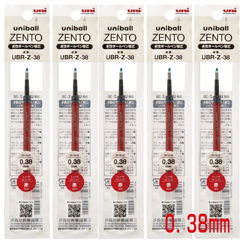 Five packages of Uniball Zento gel pen refills with 0.38mm tip on a white background.
