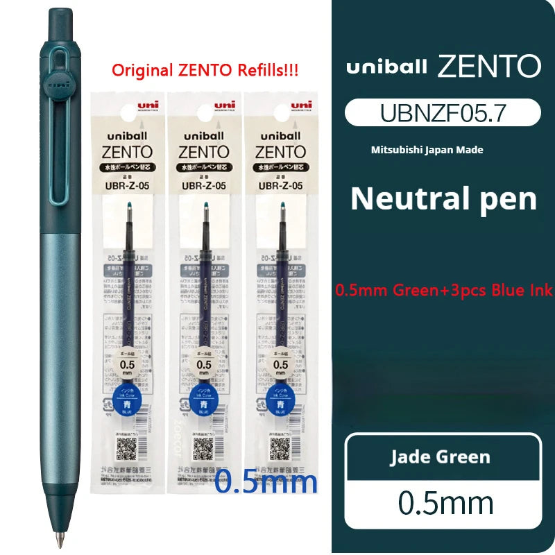 Uniball Zento neutral pen with refills on a white background