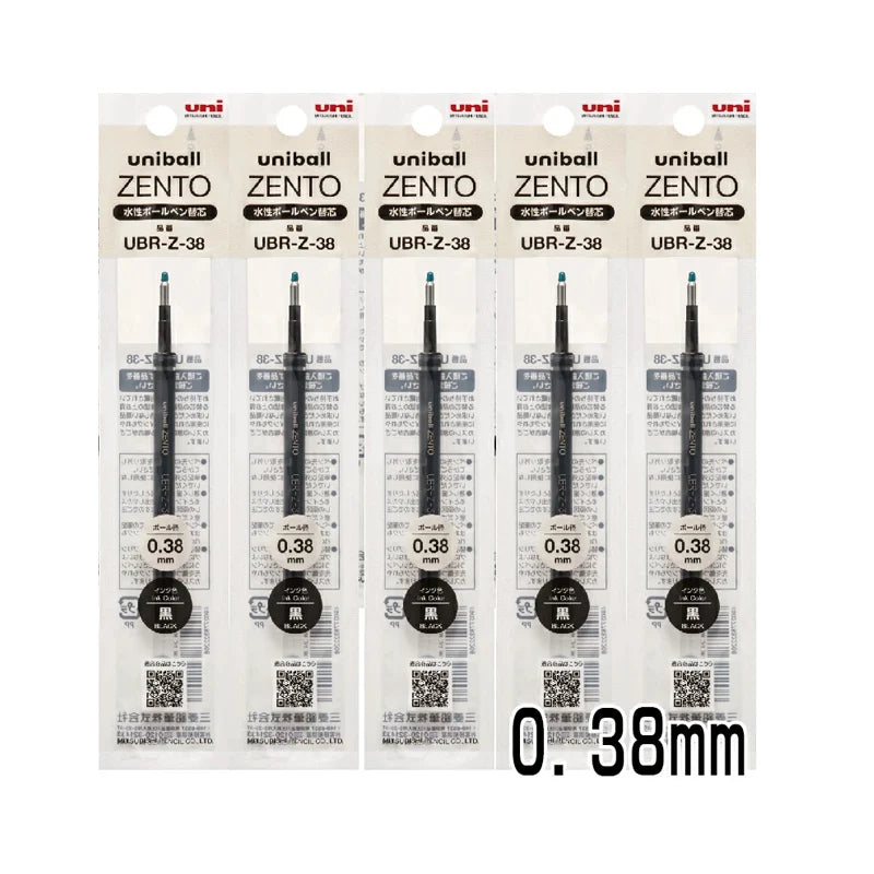 Packaging of Uniball Zento pen refills with 0.38mm tip on a white background