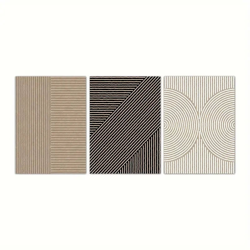Three different textured rug samples on a white background
