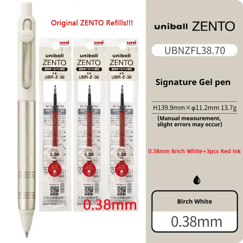 Uniball Zento signature gel pen with refills and packaging details.