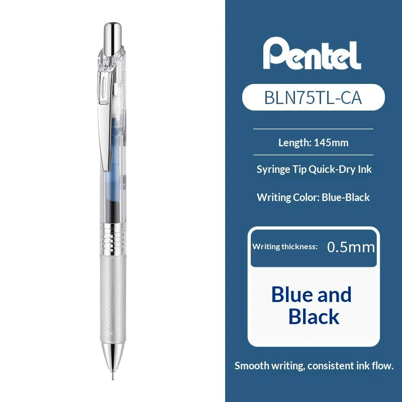 Pentel pen with blue and black ink on a white background